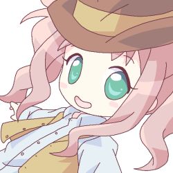 Rule 34 | 00s, 1girl, :d, brown hat, buttons, chibi, close-up, collared shirt, el cazador de la bruja, green eyes, hat, lirio, long sleeves, looking at viewer, mirai (sugar), open mouth, pink hair, shirt, sidelocks, smile, solo, vest, white shirt