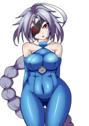 Rule 34 | 1girl, ahoge, alternate breast size, arms behind back, bare shoulders, blazblue, bodysuit, braid, brdm-2, breasts, covered navel, elbow gloves, covered erect nipples, eyepatch, gloves, halterneck, head tilt, highres, huge ahoge, impossible bodysuit, impossible clothes, large breasts, long hair, nu-13, red eyes, silver hair, single braid, solo, thigh gap, very long hair, white background, wide hips, unfinished