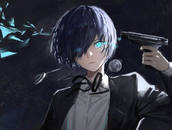Rule 34 | 1boy, aqua eyes, black jacket, blue hair, closed mouth, collared shirt, commentary request, glowing, glowing eyes, gun, hair over one eye, handgun, hidulume, highres, holding, holding gun, holding weapon, jacket, long sleeves, looking at viewer, male focus, one eye covered, persona, persona 3, shirt, short hair, solo, upper body, weapon, white shirt, yuuki makoto (persona 3)