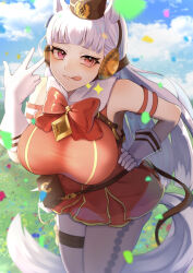 Rule 34 | 1girl, absurdres, animal ears, arm garter, bag, blue bow, bow, bowtie, breasts, brown headwear, cloud, confetti, cowboy shot, dress, ear covers, gloves, gold ship (umamusume), grey hair, hair bow, hand on own hip, handbag, harness, highres, horse ears, horse girl, horse tail, large breasts, nepodayo, o-ring, o-ring harness, pantyhose, pillbox hat, pink eyes, red bow, red bowtie, red dress, sky, sleeveless, sleeveless dress, solo, sparkle, tail, thigh strap, tongue, umamusume, white gloves
