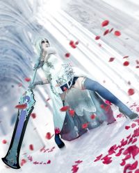 Rule 34 | 1girl, armor, blue eyes, cosplay, dress, highres, holding, holding sword, holding weapon, huge weapon, lana rain, long hair, petals, rose petals, sinoalice, snow white (sinoalice), snow white (sinoalice) (cosplay), sword, thighhighs, warrior, weapon, white dress, white hair