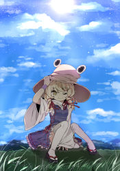Rule 34 | 1girl, bad id, bad pixiv id, blonde hair, blue sky, day, full body, grass, hair ribbon, hat, highres, long hair, looking at viewer, moriya suwako, on ground, one eye closed, outdoors, pigeon-toed, purple skirt, razuzyamu, red ribbon, ribbon, ribbon-trimmed skirt, ribbon trim, sandals, sidelocks, sitting, skirt, sky, solo, thighhighs, touhou, tress ribbon, vest, white thighhighs, wide sleeves, wrist cuffs, yellow eyes