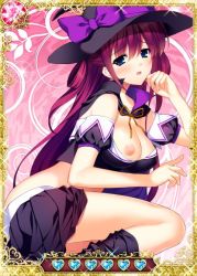 Rule 34 | 10s, 1girl, black skirt, black thighhighs, blue eyes, bow, breasts, card (medium), cleavage, female focus, grisaia (series), grisaia no kajitsu, hat, large breasts, long hair, looking at viewer, nipples, no bra, pleated skirt, purple hair, skirt, solo, strapless, suou amane, thighhighs, witch hat