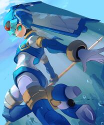 Rule 34 | 1girl, air bubble, android, armor, blue armor, blue eyes, bodysuit, bubble, fish, helmet, high heels, highres, holding, holding polearm, holding weapon, knee up, mega man (series), mega man zero (series), omochi (mochi skymega), outstretched arms, polearm, robot girl, shadow, spear, twisted torso, underwater, weapon