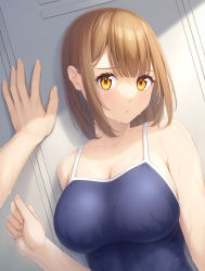 Rule 34 | 1girl, absurdres, blue one-piece swimsuit, blush, breasts, brown hair, cleavage, closed mouth, collarbone, commentary, dutch angle, embarrassed, furrowed brow, highres, kabedon, large breasts, locker, locker room, looking at viewer, ochiai miyabi, one-piece swimsuit, original, out of frame, pov, school swimsuit, short hair, solo focus, sunlight, swimsuit, upper body, wet, wet clothes, wet swimsuit, yellow eyes