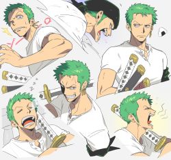 Rule 34 | 1boy, bandana, black bandana, earrings, expressions, food, green hair, grin, hand up, highres, jewelry, male focus, multiple views, nose bubble, one piece, onigiri, open mouth, qin (7833198), roronoa zoro, scowl, shirt, short hair, short sleeves, simple background, sleeping, smile, surprised, sword, weapon, white shirt, yawning, zzz
