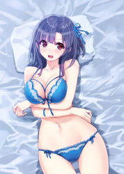 Rule 34 | 1girl, absurdres, bare arms, bare shoulders, bed sheet, blue bra, blue hair, blue panties, blush, bra, breasts, cleavage, collarbone, front-tie bra, gluteal fold, hair ribbon, highres, kantai collection, large breasts, lingerie, looking at viewer, lying, medium hair, navel, on back, open mouth, panties, pillow, purple eyes, ribbon, scan, side-tie panties, solo, stomach, takao (kancolle), underwear, underwear only, yahako