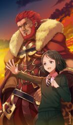 Rule 34 | 2boys, :d, armor, beard, black hair, black necktie, black pants, breastplate, brown eyes, cloak, cloud, collared shirt, commentary request, diagonal-striped clothes, diagonal-striped necktie, facial hair, fate/zero, fate (series), forehead, fur-trimmed cloak, fur trim, glint, green sweater, highres, iskandar (fate), kuzumochi (kuzumochiya), male focus, multiple boys, necktie, open mouth, outdoors, outstretched arm, pants, parted bangs, red cloak, red eyes, red hair, shirt, signature, sky, smile, striped clothes, sunset, sweater, thick eyebrows, waver velvet, white shirt