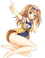 Rule 34 | 10s, 1girl, :d, barefoot, breasts, brown eyes, clothes writing, collarbone, double v, hairband, i-26 (kancolle), kantai collection, large breasts, light brown hair, long hair, looking at viewer, name tag, new school swimsuit, one-piece swimsuit, open mouth, sailor collar, school swimsuit, short sleeves, sitting, smile, solo, swimsuit, swimsuit under clothes, two-tone hairband, two side up, v, wenetora