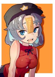 Rule 34 | 1girl, black hat, black ribbon, black skirt, blue eyes, breasts, button gap, cabbie hat, commentary request, drooling, fang, grey hair, hat, highres, jiangshi, looking at viewer, medium breasts, miyako yoshika, mouth drool, neck ribbon, ofuda, open mouth, orange background, parted bangs, red shirt, ribbon, shirt, short hair, skirt, sleeveless, sleeveless shirt, solo, star (symbol), suarokin, touhou, two-tone background, upper body, white background