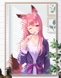 Rule 34 | 1girl, animal ear fluff, animal ears, artist name, bathrobe, blurry, brushing teeth, collarbone, commentary request, dated, day, depth of field, fox ears, fox girl, fox tail, hair between eyes, highres, holding, holding toothbrush, indoors, lilia creative, long hair, looking at viewer, mirror, off shoulder, one eye closed, original, pink eyes, pink hair, plant, revision, shirt, solo, tail, toothbrush, white shirt
