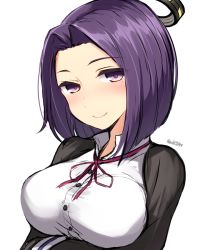Rule 34 | 10s, 1girl, blush, breasts, buttons, crossed arms, don (29219), halo, headgear, kantai collection, large breasts, long sleeves, looking at viewer, mechanical halo, mole, mole under eye, purple eyes, purple hair, school uniform, short hair, smile, solo, tatsuta (kancolle), twitter username, upper body