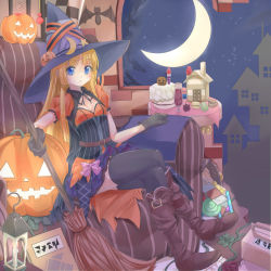 Rule 34 | 1girl, black gloves, black thighhighs, blonde hair, blue eyes, breasts, cleavage, dress, gloves, halloween, hat, highres, holding, jack-o&#039;-lantern, long hair, looking at viewer, madou monogatari, moon, pumpkin, puyopuyo, sitting, small breasts, solo, thighhighs, waichi2424, witch (puyopuyo), witch hat