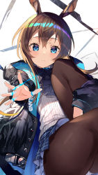 Rule 34 | 1girl, abusoru, amiya (arknights), animal ears, arknights, black jacket, blue choker, blue eyes, blue neckwear, blue skirt, brown hair, brown pantyhose, choker, clothes writing, commentary request, cowboy shot, highres, hugging own legs, jacket, jewelry, knee up, long hair, long sleeves, looking at viewer, miniskirt, open clothes, originium arts (arknights), pantyhose, rabbit ears, ribbed sweater, ring, sitting, skirt, solo, sweater, white sweater