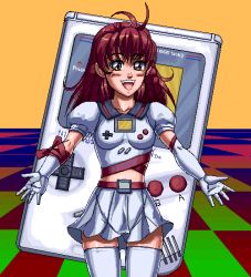 Rule 34 | 1girl, blush, breasts, brown hair, checkered background, cowboy shot, elbow gloves, facing viewer, game boy, game boy-tan, game boy (original), gloves, gradient background, handheld game console, kouno (masao), looking at viewer, medium breasts, midriff, miniskirt, nintendo, oekaki, original, outstretched arms, personification, pleated skirt, product girl, puffy short sleeves, puffy sleeves, red hair, short sleeves, skirt, smile, solo, standing, thighhighs, white gloves, white skirt, white thighhighs, yellow background, zettai ryouiki