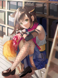 Rule 34 | 1girl, absurdres, animal ears, blue archive, book, bookshelf, breasts, brown eyes, brown hair, clothes between thighs, dubeaduver, fishnets, fox ears, fox girl, highres, indoors, izuna (blue archive), library, medium hair, shoes, sitting, solo, tail, thighs, wooden floor