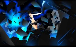 Rule 34 | 10s, 1girl, absurdres, arm cannon, armpits, bad id, bad pixiv id, bare shoulders, belt, bikini, bikini top only, black hair, black rock shooter, black rock shooter (character), blue eyes, breasts, chain, female focus, highres, navel, scar, shorts, solo, swimsuit, tan (carbon), twintails, weapon