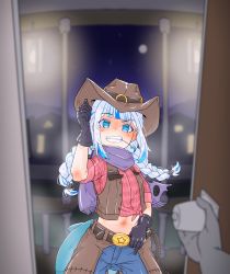 Rule 34 | 1girl, alternate costume, alternate hairstyle, black gloves, blue hair, blunt bangs, braid, brown headwear, brown vest, chaps, cowboy hat, cowboy western, denim, fins, fish tail, gawr gura, gloves, grin, hat, highres, hololive, hololive english, jeans, leather, leather gloves, leather vest, midriff, moral cacoethes, mouth hold, multicolored hair, navel, opening door, pants, pov, pov doorway, pov hands, purple scarf, red shirt, scarf, shark girl, shark tail, sharp teeth, shirt, sleeveless, sleeveless shirt, smile, solo focus, stalk in mouth, streaked hair, tail, teeth, tied shirt, twin braids, twintails, vest, virtual youtuber, white hair