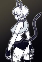 Rule 34 | 1girl, ass, black background, blue eyes, bob cut, breasts, cat girl, collar, fingerless gloves, from above, from behind, gloves, looking back, ms. fortune (skullgirls), neck bell, pata n, scar, short hair, skullgirls, solo, underboob, white hair