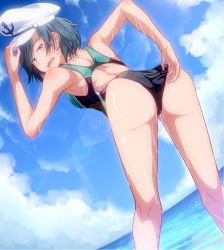 Rule 34 | 1girl, adjusting clothes, adjusting swimsuit, aqua eyes, bent over, black hair, cloud, competition swimsuit, day, from behind, hat, mendou saya, murasa minamitsu, one-piece swimsuit, open mouth, sailor hat, sky, solo, swimsuit, touhou, wet