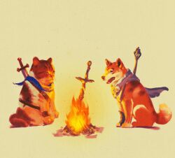 Rule 34 | 2others, animal focus, animated, animated gif, bonfire, bonfire (dark souls), cat, closed eyes, commentary, dark souls (series), dog, english commentary, fire, knife, mace, multiple others, no humans, original, parody, shiba inu, shimhaq, simple background, sword, sword behind back, weapon