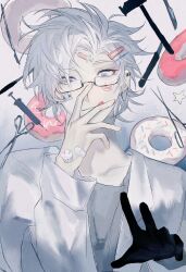 Rule 34 | 1boy, :q, bandaid, bandaid on hand, black gloves, blue eyes, chinese commentary, commentary request, doughnut, food, glasses, gloves, grey shirt, hair ornament, hairclip, hammer, hand on own face, highres, kanou aogu, lab coat, long sleeves, male focus, open clothes, rectangular eyewear, saibou shinkyoku, scalpel, scissors, semi-rimless eyewear, shirt, short hair, single glove, solo, star (symbol), sticker on face, sticker on hand, syringe, tongue, tongue out, upper body, white hair, zhiyanpianyu55126