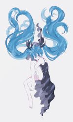 Rule 34 | 1girl, bakku (fspz4427), bare arms, bare shoulders, barefoot, black dress, black ribbon, blue hair, curly hair, dress, expressionless, closed eyes, floating hair, full body, grey background, hatsune miku, highres, long dress, long hair, ribbon, ribbon hair, shinkai shoujo (vocaloid), simple background, sleeveless, sleeveless dress, solo, twintails, very long hair, vocaloid
