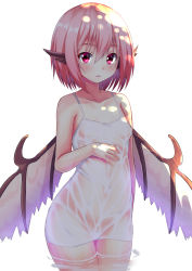 Rule 34 | 1girl, animal ears, blush, breasts, chemise, ebi 193, looking at viewer, md5 mismatch, mystia lorelei, pink hair, red eyes, see-through, short hair, simple background, small breasts, solo, touhou, wading, water, wet, white background, wings