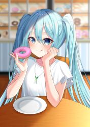 Rule 34 | 1girl, absurdres, blue eyes, blue hair, blurry, blurry background, chair, closed mouth, doughnut, food, hair between eyes, hatsune miku, highres, holding, holding food, indoors, jewelry, long hair, pendant, ryaru ryaru, shirt, short sleeves, sitting, solo, table, tongue, tongue out, twintails, upper body, very long hair, vocaloid, white shirt