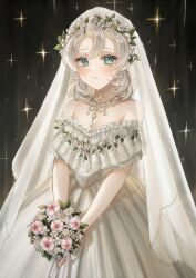 Rule 34 | 1girl, albedo (genshin impact), aqua eyes, blush, bouquet, breasts, bridal veil, bride, cleavage, collarbone, dress, earrings, eyelashes, flower, genderswap, genderswap (mtf), genshin impact, grey hair, highres, holding, holding bouquet, jewelry, looking at viewer, medium breasts, medium hair, necklace, parted lips, pink flower, rotosu, scar, scar on neck, simple background, solo, sparkle, strapless, strapless dress, veil, wedding dress, white dress, white flower