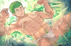 Rule 34 | 1boy, abs, armpits, bara, borrowed character, bound, bound arms, bound legs, bulge, elf, feet out of frame, forest, from below, fundoshi, green elf (p!k@ru), green hair, hierotubas, japanese clothes, male focus, nature, navel, nipples, original, pectorals, pointy ears, short hair, slime (substance), solo, stomach, tentacles, tentacles on male, thick navel hair, toned, toned male, topless male