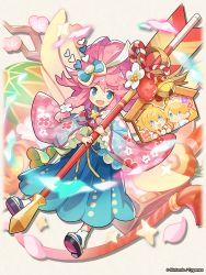 Rule 34 | 1boy, 2girls, aqua bow, blonde hair, blue eyes, bow, cherry blossoms, dragalia lost, euden, fairy, fang, floral print, flower, full body, hair flower, hair ornament, heart, heart hair ornament, japanese clothes, kimono, long hair, long sleeves, looking at viewer, multiple girls, notte (dragalia lost), official art, open mouth, petals, pink hair, pink kimono, sandals, smile, wavy hair, wide sleeves, zethia