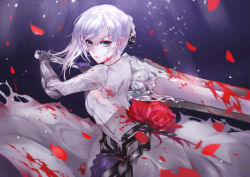 Rule 34 | 1girl, asymmetrical hair, blood, blood on clothes, blood on face, bloody weapon, blue eyes, braid, breasts, closed mouth, dress, floating, flower, gauntlets, gloves, highres, holding, holding weapon, long hair, looking at viewer, medium breasts, petals, princess, rose, silver hair, simple background, sinoalice, sleeveless, sleeveless dress, snow white (sinoalice), solo, sword, thighhighs, vardan, weapon, white dress