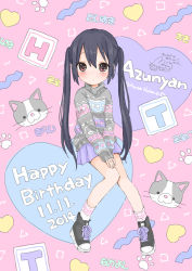 Rule 34 | 1girl, 2014, bad id, bad pixiv id, black hair, cat, character name, dated, happy birthday, heart, k-on!, long hair, looking at viewer, md5 mismatch, miniskirt, mnmktn, nakano azusa, paw print, red eyes, signature, sitting, skirt, sleeves past wrists, socks, solo, sweater, twintails