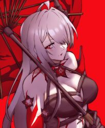 Rule 34 | 1340smile, 1girl, acheron (honkai: star rail), ahoge, bare shoulders, black gloves, breasts, bright pupils, cleavage, commentary, flower, gloves, grey hair, hair intakes, hair over one eye, highres, holding, holding umbrella, honkai: star rail, honkai (series), large breasts, official alternate color, red background, red eyes, red flower, red umbrella, simple background, solo, umbrella, upper body, white pupils