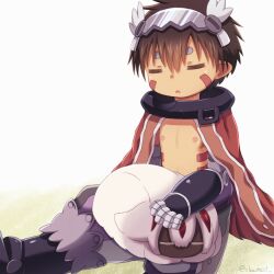 Rule 34 | 1boy, 1girl, animal ears, artist name, brown hair, cape, child, clant st, closed eyes, collar, colored eyelashes, commentary request, dark-skinned female, dark skin, eyelashes, facial mark, facial tattoo, faputa, furry, hair between eyes, made in abyss, mechanical arms, mechanical foot, mechanical hands, metal collar, multicolored clothes, paper texture, pointy ears, red cape, regu (made in abyss), robot, sleeping, tattoo, topless male, white background, white fur, white hair