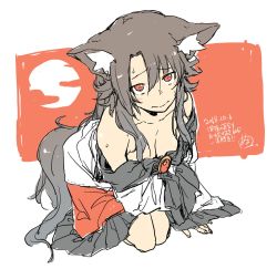 Rule 34 | 1girl, animal ear fluff, animal ears, blush, breasts, brooch, brown hair, cleavage, closed mouth, collarbone, dated, dress, hair between eyes, hair over shoulder, imaizumi kagerou, jewelry, leaning forward, long hair, looking at viewer, medium breasts, numa (minus 4k), off-shoulder dress, off shoulder, red eyes, seiza, sidelocks, simple background, sitting, solo, tail, tareme, touhou, translation request, wolf ears, wolf tail