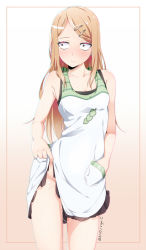 Rule 34 | 10s, 1girl, apron, apron lift, blonde hair, blush, clothes lift, dagashi kashi, endou saya, gradient background, hair ornament, hairclip, highres, lifting own clothes, long hair, no panties, pussy juice, ripe.c, solo, standing
