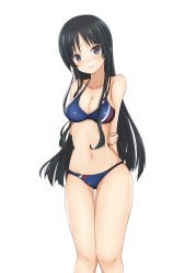 Rule 34 | 1girl, absurdres, akiyama mio, arms behind back, bikini, black hair, blue bikini, blunt bangs, blush, breasts, cleavage, halterneck, head tilt, highres, k-on!, legs together, long hair, looking at viewer, medium breasts, narrow waist, navel, parted bangs, purple eyes, simple background, smile, solo, standing, striped bikini, striped clothes, swimsuit, thighs, very long hair, white background, wide hips, yasuc
