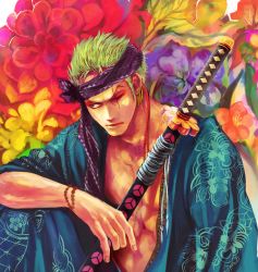 Rule 34 | 1boy, alternate costume, eyeshadow, green hair, headband, japanese clothes, male focus, muscular, one-eyed, one piece, open clothes, red eyeshadow, roronoa zoro, sheath, sheathed, sitting, solo, sword, weapon, wink