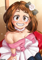 Rule 34 | 1girl, absurdres, black bow, black pantyhose, blush stickers, boku no hero academia, bow, breasts, brown eyes, brown hair, cleavage, dress, hair bow, highres, jewelry, large breasts, looking at viewer, medium hair, necklace, pantyhose, pearl necklace, pink dress, sitting, solo, sparkle, teeth, the accel, uraraka ochako