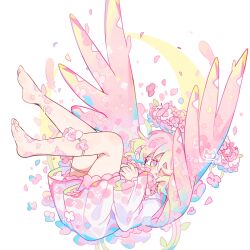 Rule 34 | 1girl, angel wings, artist logo, artist name, barefoot, blush, cherry blossoms, crescent, dress, falling, falling flower, falling petals, feathered wings, flower, frilled dress, frills, full body, hair over one eye, head wreath, highres, leaf, legs up, original, petals, pink dress, pink eyes, pink hair, solo, thigh strap, thighs, toes, uenomigi, white background, wings