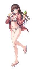 Rule 34 | 1girl, absurdres, bikini, blue eyes, blush, braid, breasts, brown hair, collarbone, eating, eyelashes, feet, flip-flops, frilled bikini, frills, grey bikini, hands up, hashtag-only commentary, highres, holding, holding spoon, ice cream cone, jacket, large breasts, legs, licking lips, long hair, long sleeves, nail polish, navel, open clothes, open jacket, original, pink jacket, pink nails, plaid, plaid bikini, sandals, shadow, simple background, solo, spoon, standing, standing on one leg, stomach, swimsuit, toenail polish, toenails, toes, tongue, tongue out, unasaka ryou, white background