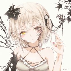 Rule 34 | 1girl, android, artificial eye, bare shoulders, blonde hair, breasts, clock, closed mouth, collarbone, flower, frown, grey eyes, hair flower, hair ornament, half-closed eyes, hand up, head tilt, heterochromia, kyuumoto kuku, medium breasts, nail polish, original, pocket watch, prosthesis, prosthetic arm, red nails, sidelocks, signature, simple background, solo, watch, white background, yellow eyes