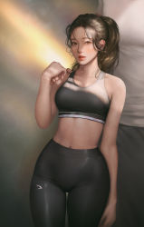 Rule 34 | 1girl, abs, absurdres, bare shoulders, black pants, blush, hand on another&#039;s shoulder, high-waist pants, highres, huge filesize, jagercoke, looking at viewer, midriff, navel, original, pants, ponytail, realistic, sports bra, sportswear, sweat, sweatdrop, thick thighs, thighs, wide hips, yoga pants