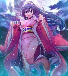 Rule 34 | 1girl, black hair, blush, breasts, cleavage, fingernails, full moon, game cg, gotou nao, high ponytail, highres, japanese clothes, jewelry, kikyou (kimi to tsunagaru koi flag), kimi to tsunagaru koi flag, kimono, long hair, long sleeves, low-tied long hair, magatama, moon, necklace, night, obi, official art, open mouth, outdoors, sash, solo, wide sleeves, yellow eyes
