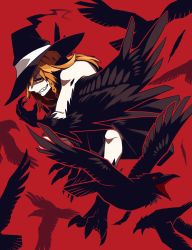 Rule 34 | 1girl, animal, bad id, bad pixiv id, bird, blonde hair, braid, commentary request, crow, evil grin, evil smile, fang, feathered wings, grin, hair over one eye, hat, hat over one eye, highres, hosomitimiti, kirisame marisa, long hair, red background, smile, solo, talons, touhou, wings, witch, witch hat, yellow eyes