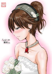 Rule 34 | 10s, 1girl, alternate hairstyle, bare shoulders, blush, bouquet, brown eyes, brown hair, contemporary, dress, earrings, flower, hair up, hairband, jewelry, kantai collection, long hair, magatama, necklace, ponytail, ryuujou (kancolle), smile, solo, strapless, strapless dress, upper body, wedding dress, white dress, yano toshinori