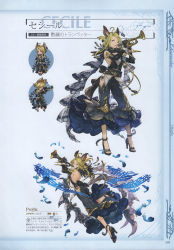Rule 34 | 10s, 1girl, absurdres, animal ears, back, blonde hair, blue eyes, bow, cecile (granblue fantasy), erune, feathers, full body, gloves, granblue fantasy, hair bun, high heels, highres, instrument, minaba hideo, musical note, non-web source, official art, one eye closed, simple background, single hair bun, solo, standing, trumpet
