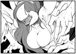 Rule 34 | 1girl, border, breasts, bursting breasts, cleavage, dress, extra arms, fingernails, greyscale, hairband, highres, horns, large breasts, long fingernails, long hair, monochrome, monster, monster girl, ookami (game), open mouth, sharp fingernails, slugbox, solo, sweat, torn clothes, torn dress, white border